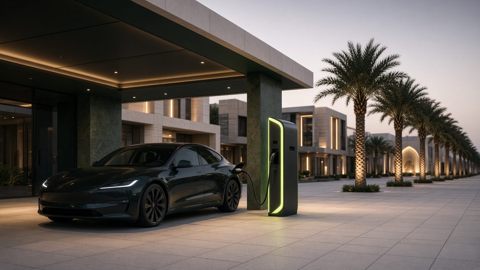 An electric vehicle connected to a charger at a modern station at dusk